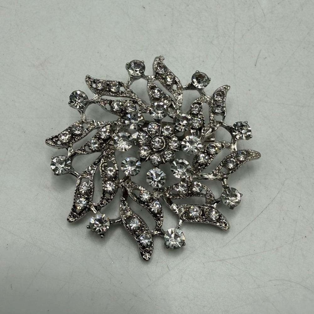 Vintage Silver Tone Clear Rhinestone Sunburst Floral Swirl Brooch Pin 2 Inch